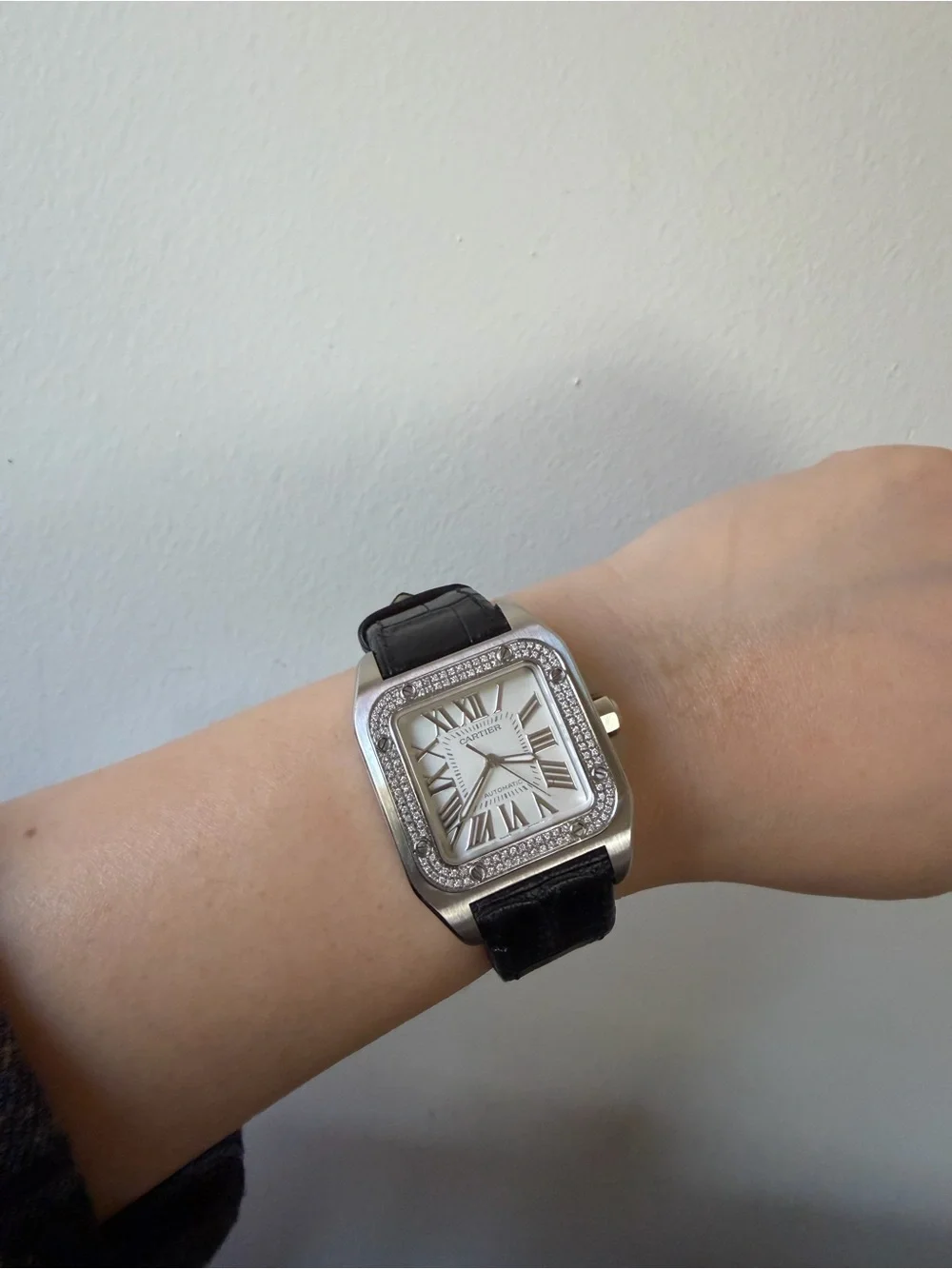 Cartier Santos 100 Stainless Steel Watch W/ Diamond Bezel and Leather Strap - Picture 2 of 6